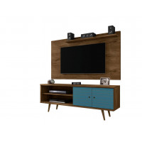 Manhattan Comfort 221-201AMC93 Liberty 62.99 Mid-Century Modern TV Stand and Panel with Solid Wood Legs in Rustic Brown and Aqua Blue